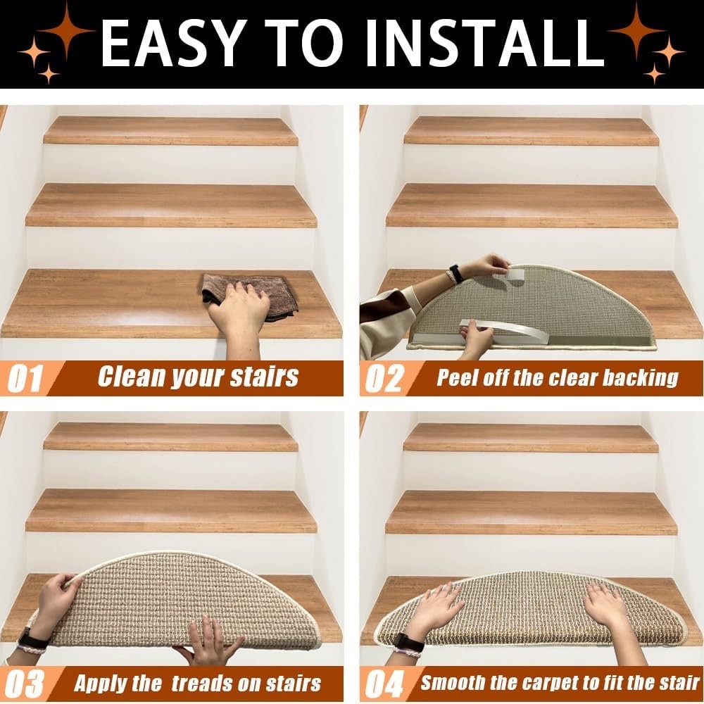Carpet Stair Treads Non Slip 15 Pack 22x65cm Beige Bullnose Self Adhesive Mats
