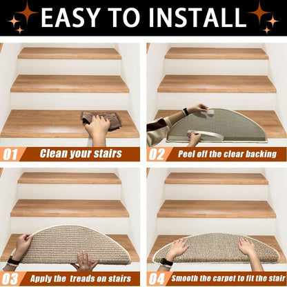 Carpet Stair Treads Non Slip 15 Pack 22x65cm Beige Bullnose Self Adhesive Mats