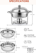 4pc 5L Stainless Steel Chafing Dish Set Round Buffet Food Warmer Catering