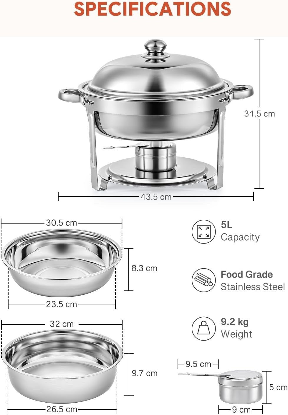 4pc 5L Stainless Steel Chafing Dish Set Round Buffet Food Warmer Catering