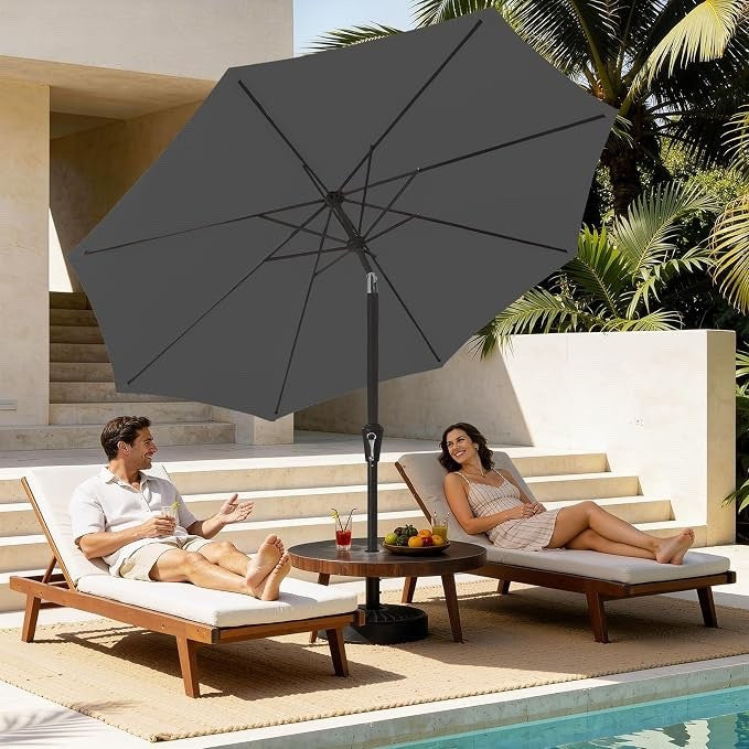 Garden Parasol 2.7m Grey Patio Umbrella UPF50+ Tilt Steel 8 Rib UV Sun Shade