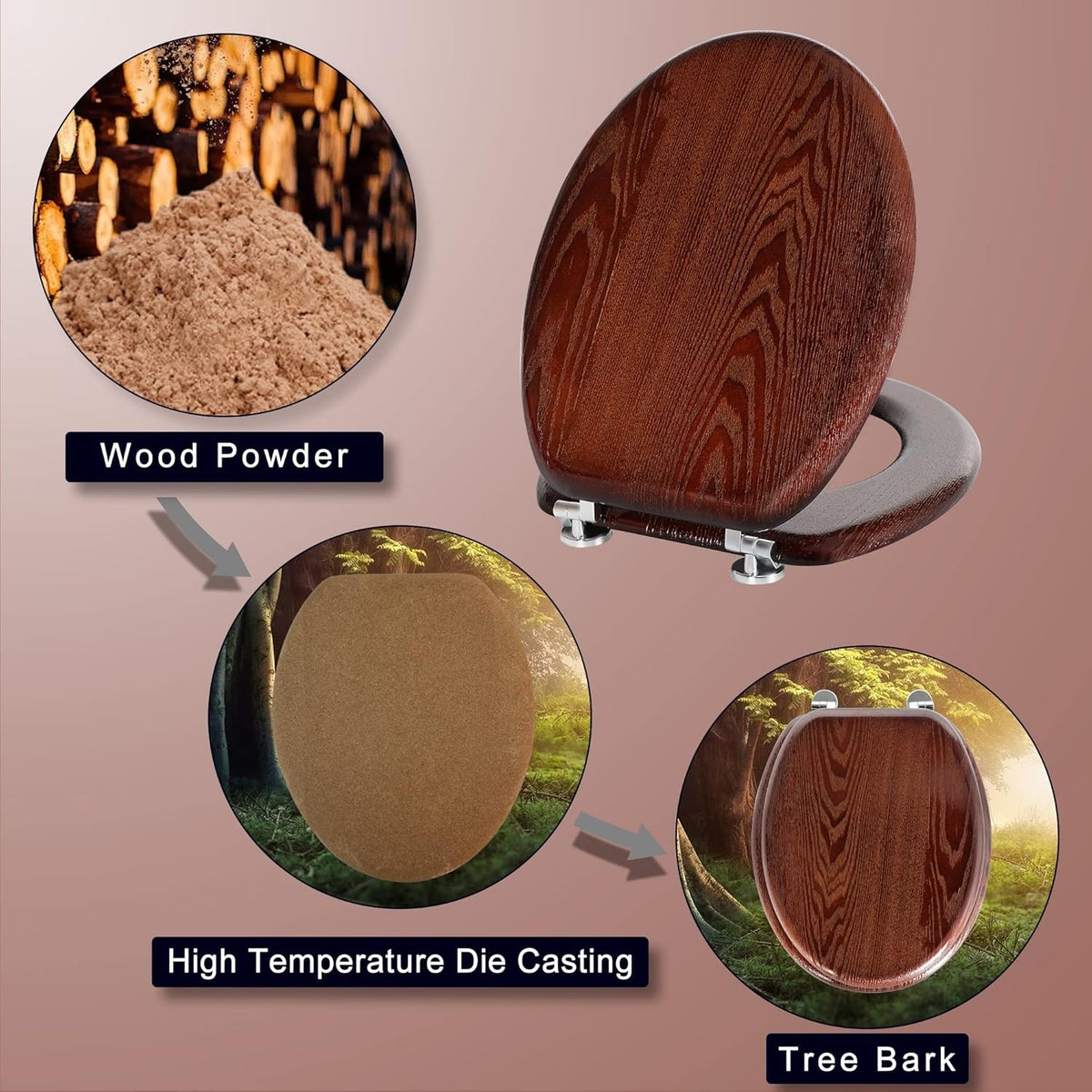 Toilet Seat Wooden Oval Bathroom Lid Dark Walnut MDF Adjustable Hinges 45x37cm