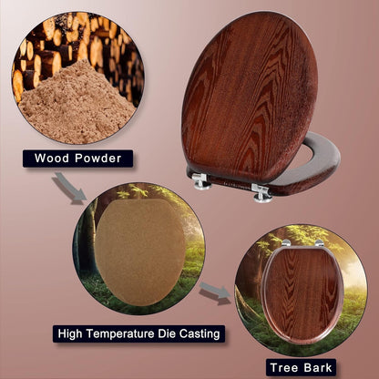 Toilet Seat Wooden Oval Bathroom Lid Dark Walnut MDF Adjustable Hinges 45x37cm