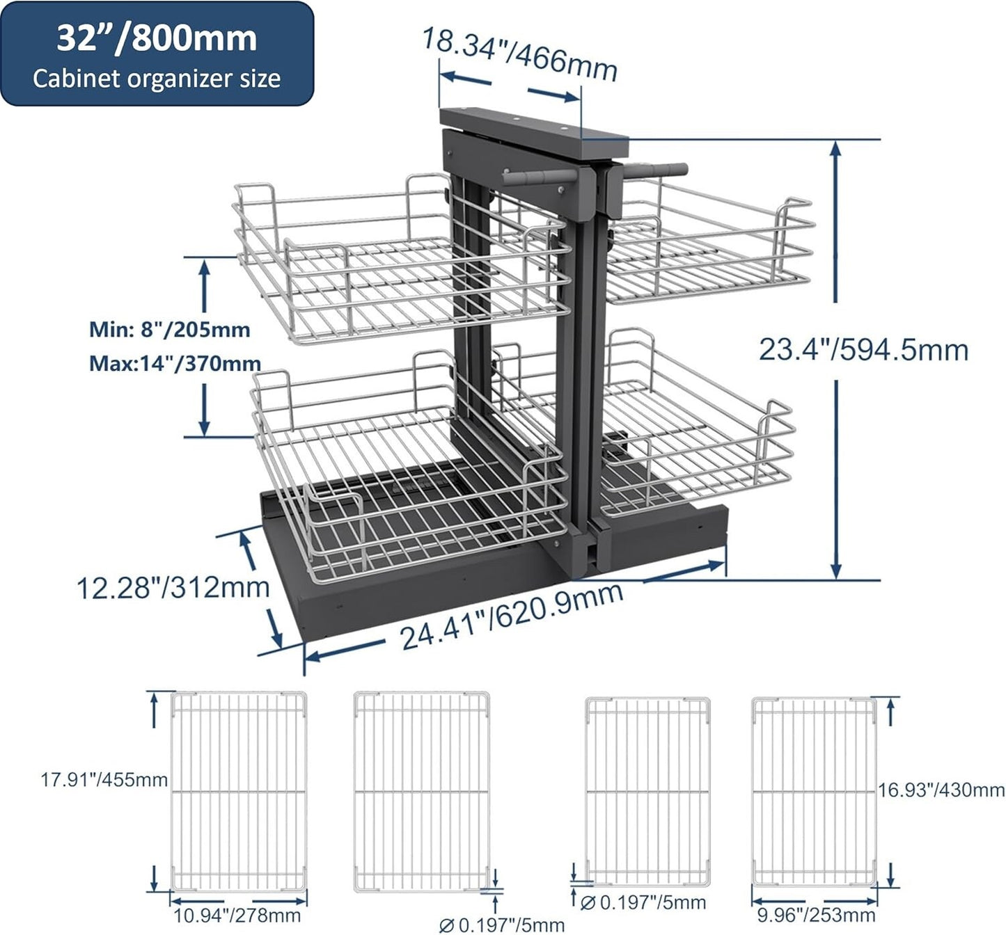 VADANIA Modern Blind Corner Kitchen Organiser 4 Compartments Grey 5.5 sq ft