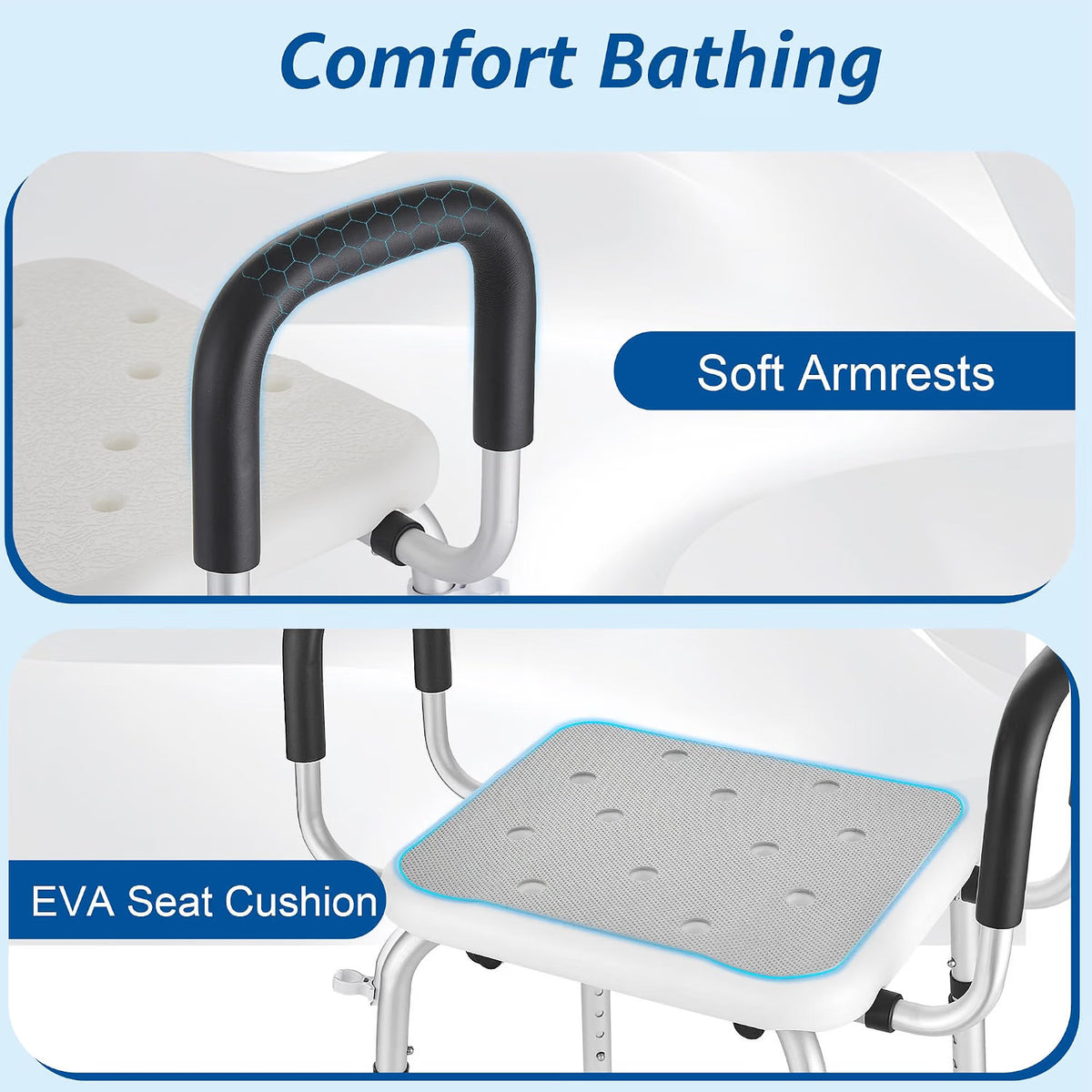 Shower Chair Shower Seat Padded Arms Back Extra Wide 330lb 6 Height Grey NonSlip