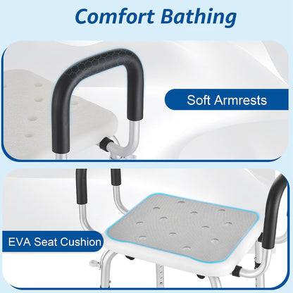 Shower Chair Shower Seat Padded Arms Back Extra Wide 330lb 6 Height Grey NonSlip
