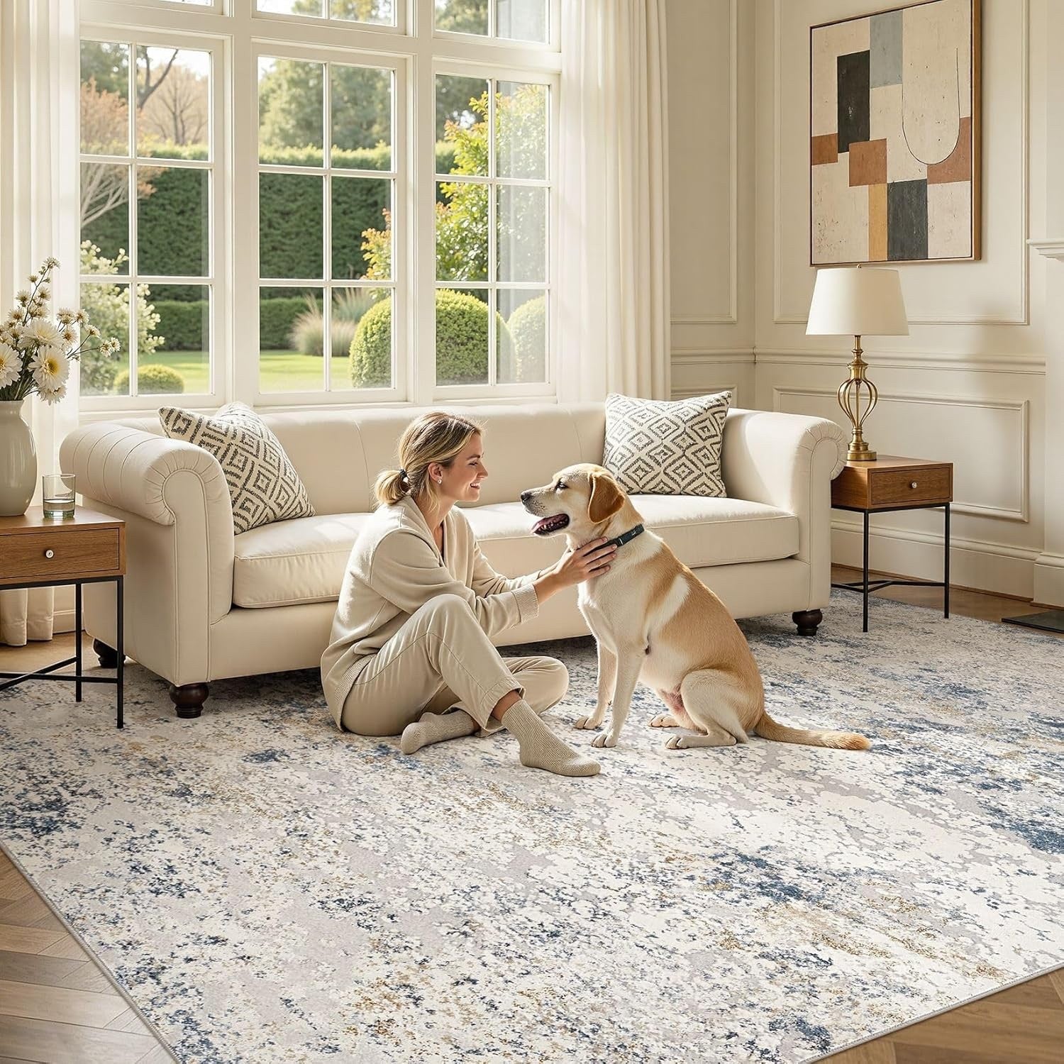 Area Rug Living Room 160x230cm Beige Blue Washable Abstract Soft Non Slip Carpet
