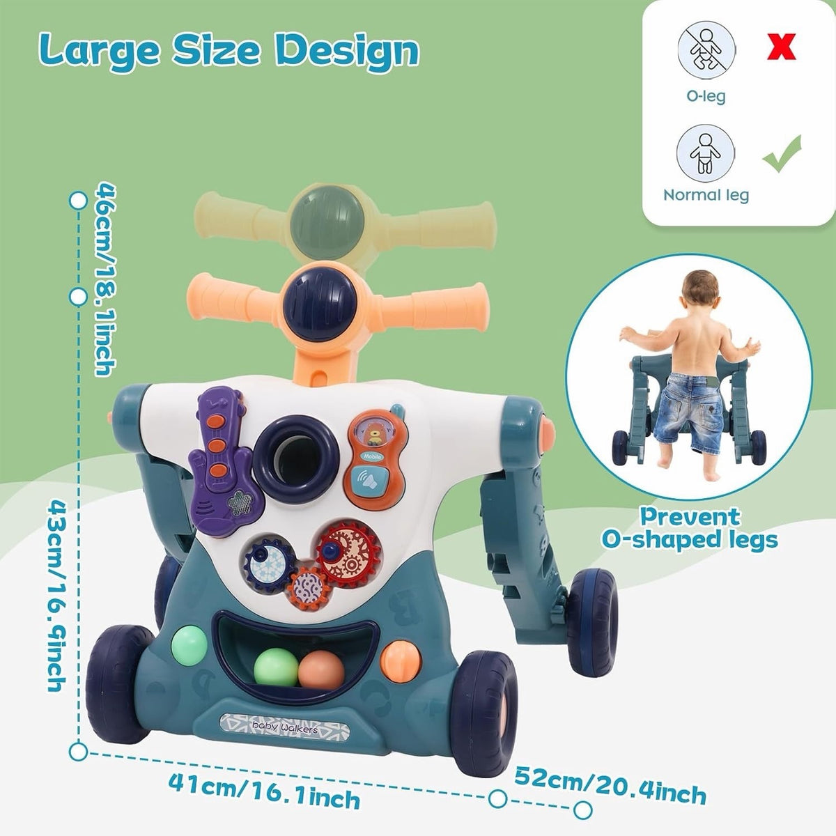 Baby Walker Push Along Toy 3 in 1 Sit Stand Ride On Blue Music Activity Panel