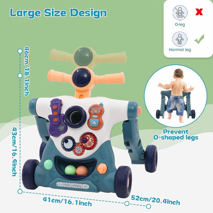 Baby Walker Push Along Toy 3 in 1 Sit Stand Ride On Blue Music Activity Panel