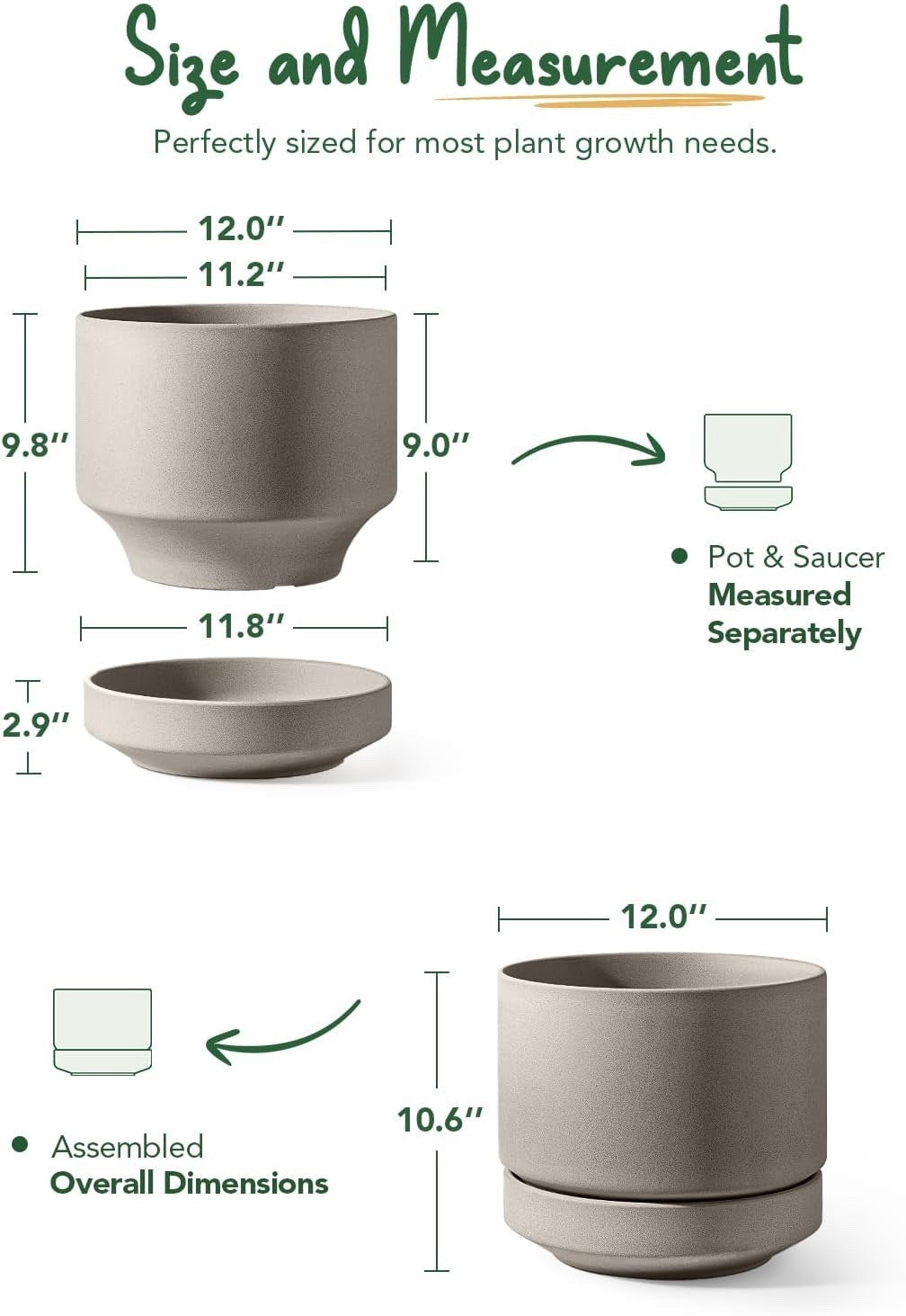 Le TAUCI Ceramic Plant Pot Grey 30 cm Large Planter With Saucer Indoor Outdoor
