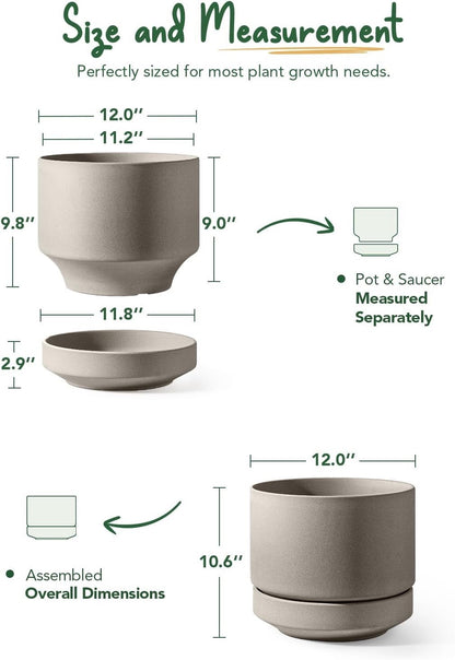 Le TAUCI Ceramic Plant Pot Grey 30 cm Large Planter With Saucer Indoor Outdoor