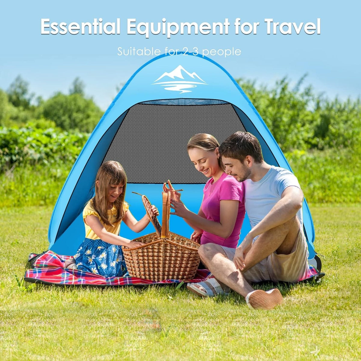 Pop Up Beach Tent Sun Shelter 2-3 Person UPF50+ Waterproof Blue Portable Shade