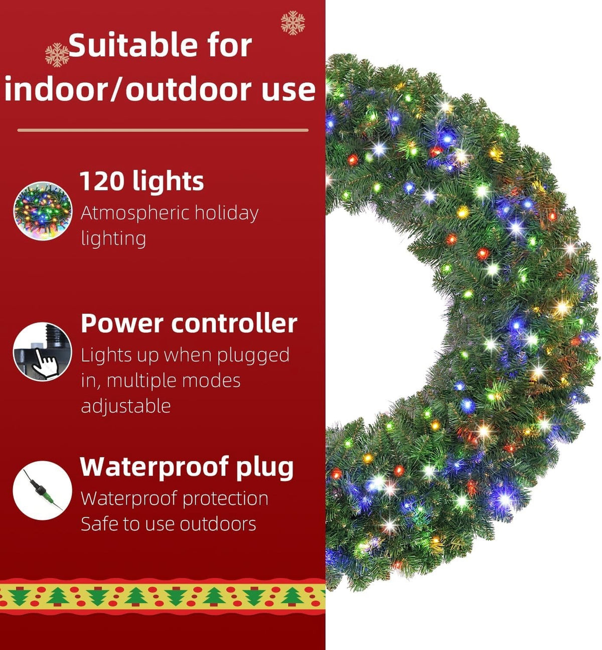Christmas Wreath Pre Lit LED 36 Inch 120 Multicolour Lights Outdoor Door Timer