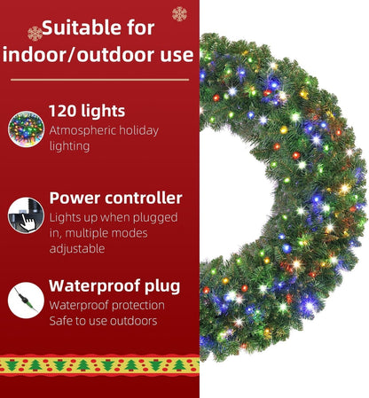Christmas Wreath Pre Lit LED 36 Inch 120 Multicolour Lights Outdoor Door Timer