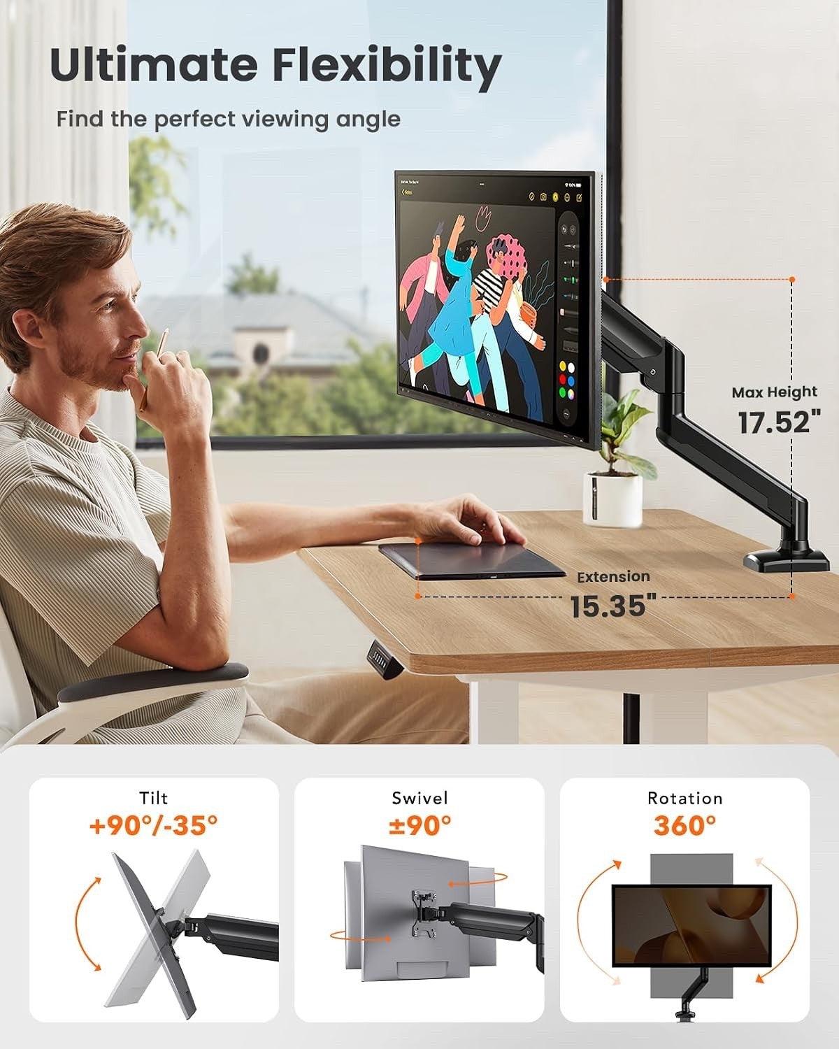Monitor Arm Desk Mount Ultrawide Single 13-40in Adjustable VESA Black 12kg Heavy