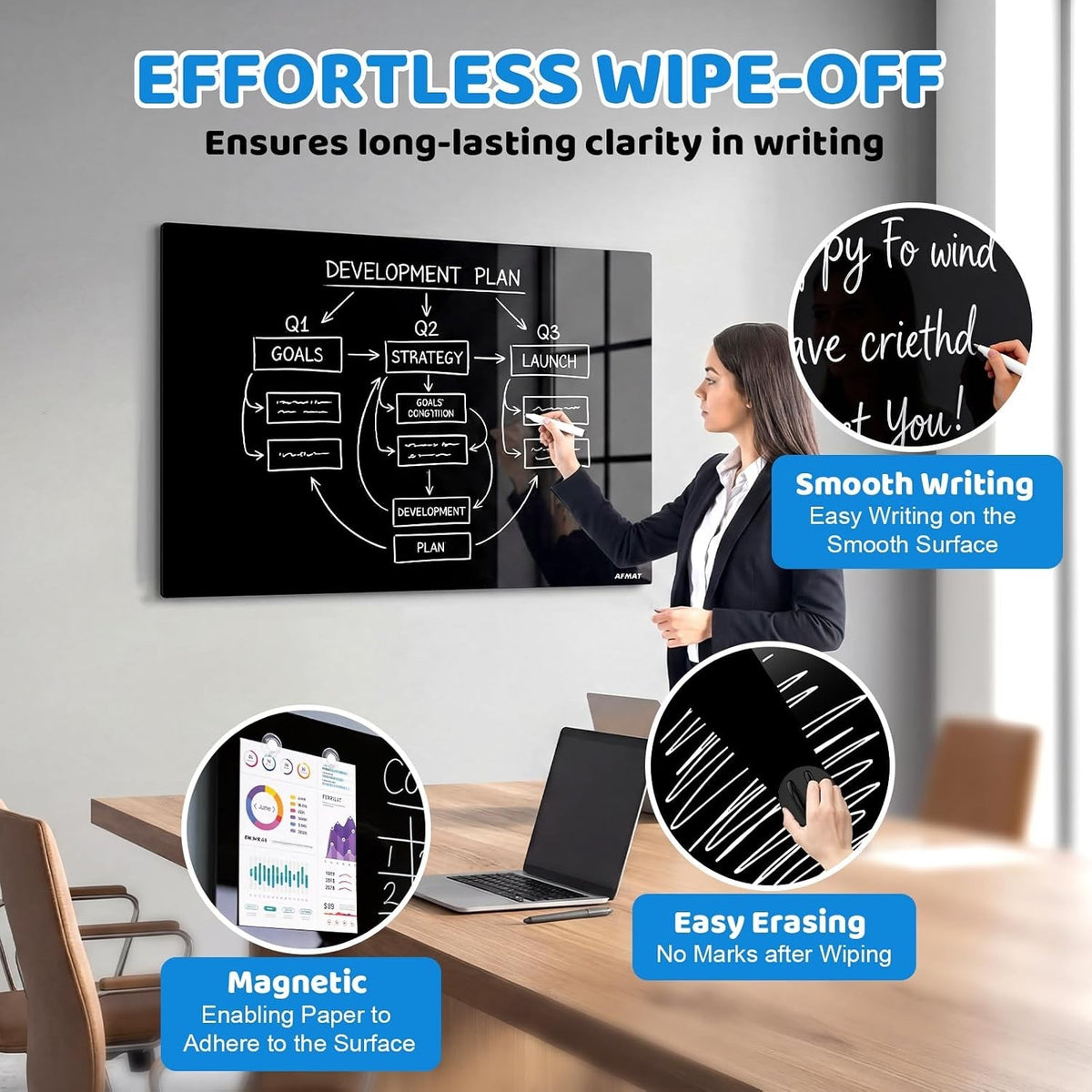 Glass Whiteboard Magnetic Dry Erase 60x40cm Frameless Tempered Wall Black Marker