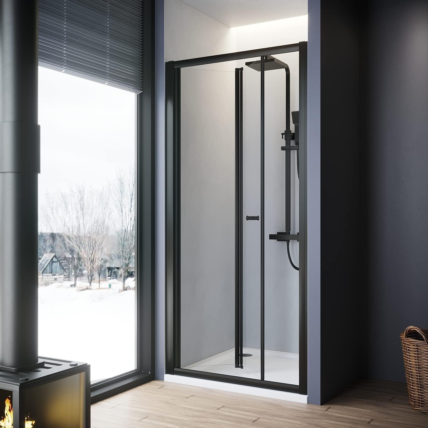 900mm Black Bi Fold Shower Door Inward Opening Space Saving Enclosure