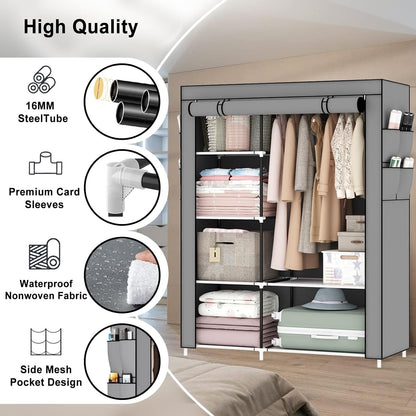 Canvas Wardrobe Portable Clothes Closet Grey 105x45x165cm 5 Shelves Hanging Rail