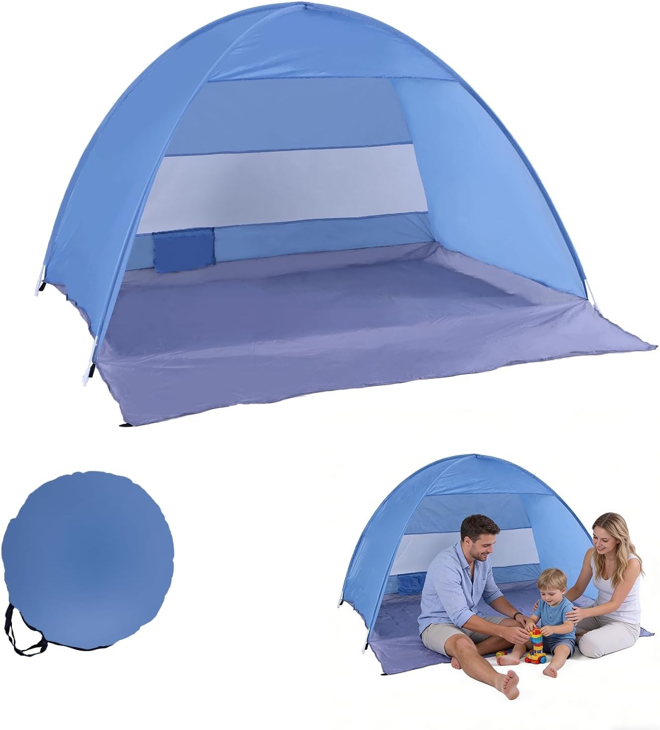 Pop Up Beach Tent 3-4 Person UPF 50+ Waterproof Portable Sun Shelter Large Blue