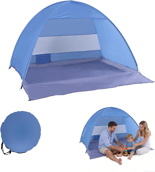 Pop Up Beach Tent 3-4 Person UPF 50+ Waterproof Portable Sun Shelter Large Blue