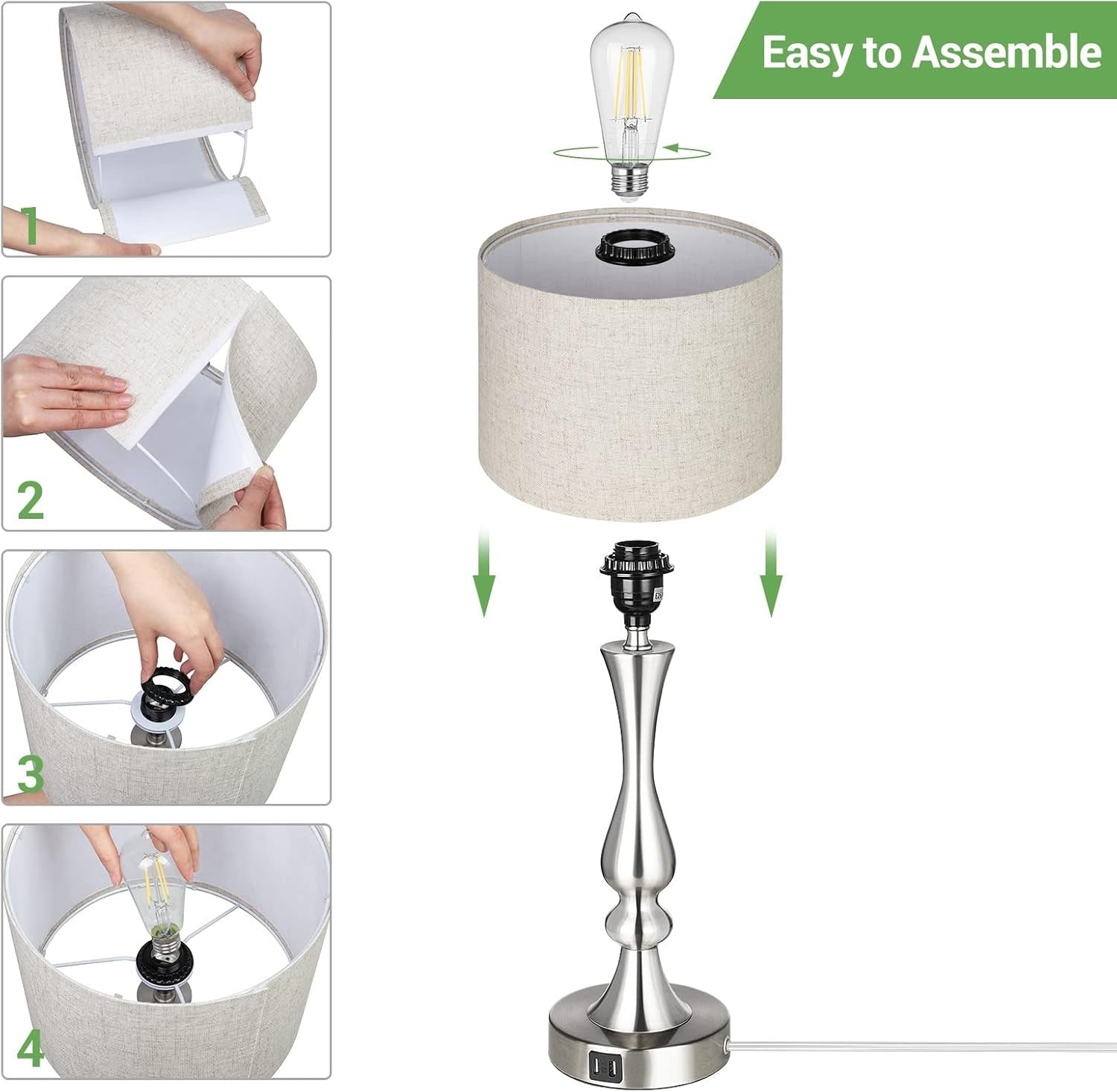 EDISHINE Bedside Lamps Set of 2 - 3 Way Dimmable Touch Lamp with USB Charging