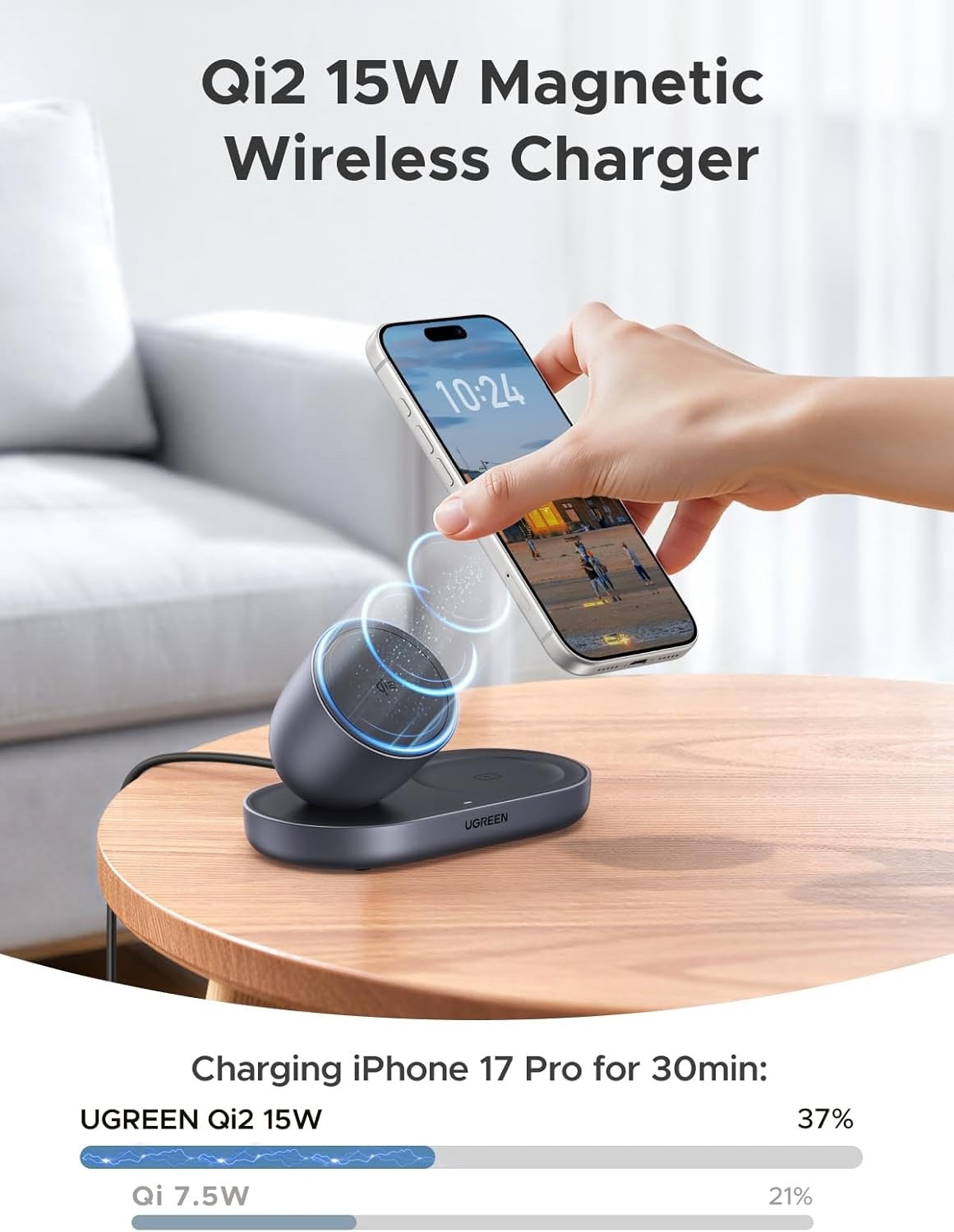 Qi2 Magnetic Wireless Charger Stand 15W 2-in-1 iPhone AirPods USB-C Grey Dock