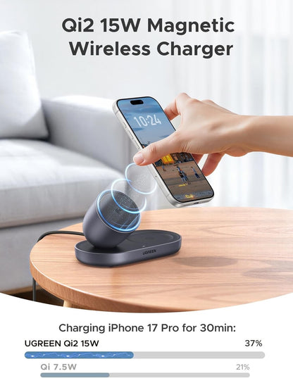 Qi2 Magnetic Wireless Charger Stand 15W 2-in-1 iPhone AirPods USB-C Grey Dock