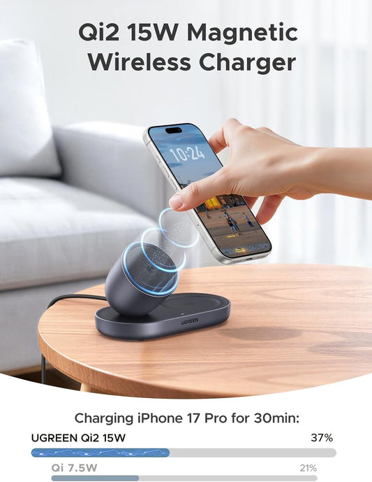 Qi2 Magnetic Wireless Charger Stand 15W 2-in-1 iPhone AirPods USB-C Grey Dock