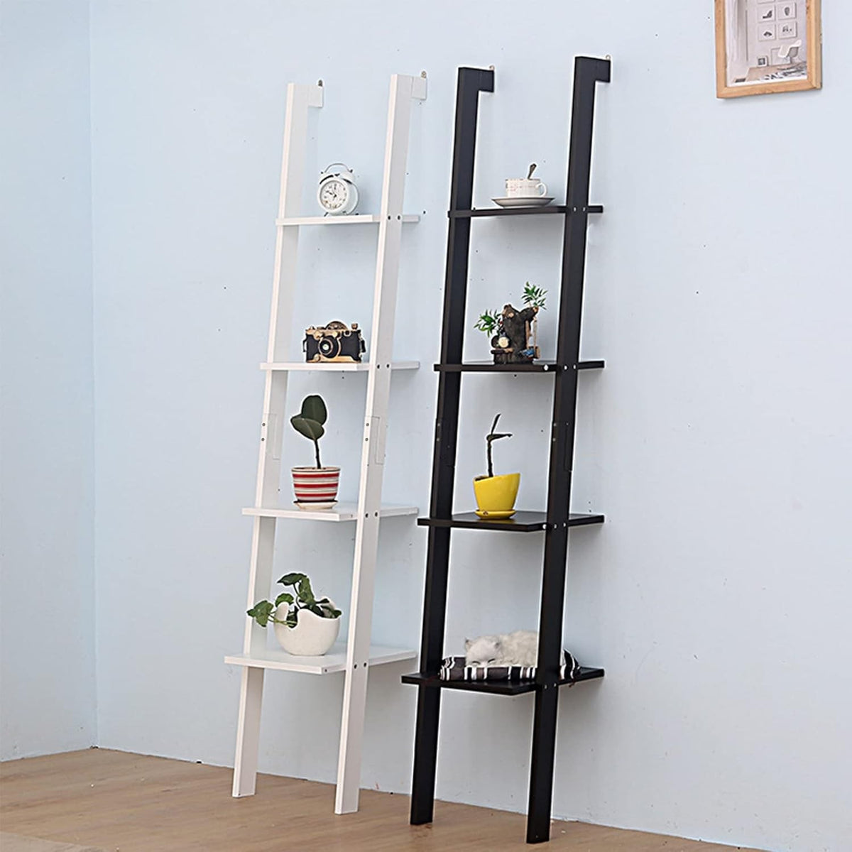 Ladder Shelf Bookcase Rack 4 Tier Tall Leaning Open Storage Black 160cm