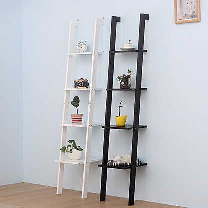 Ladder Shelf Bookcase Rack 4 Tier Tall Leaning Open Storage Black 160cm