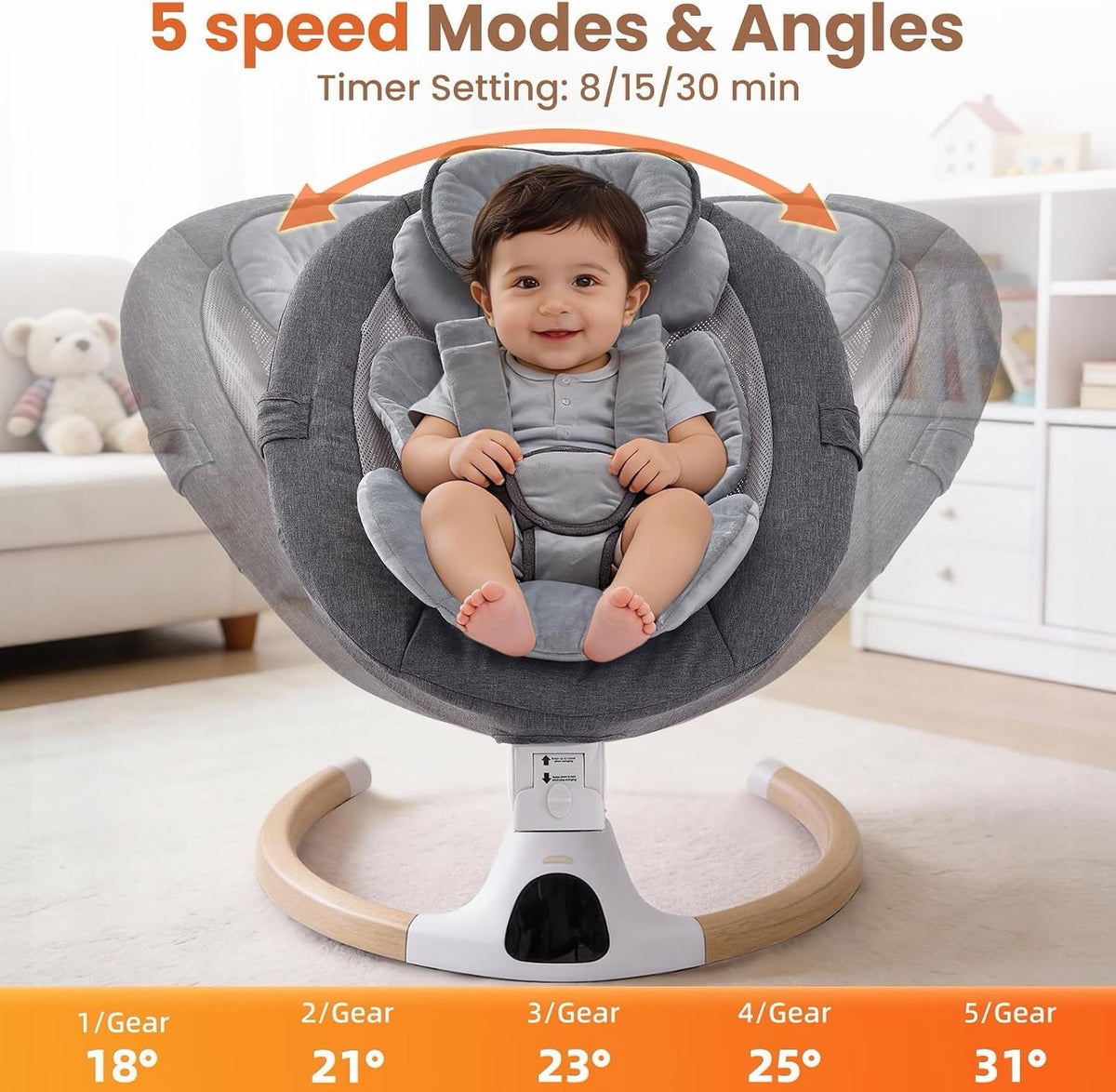 Baby Swing Chair Electric Bouncer Rocker Grey Bluetooth 5 Speeds Remote 0-6M