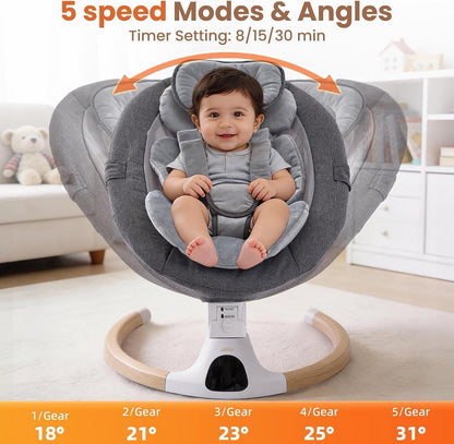 Baby Swing Chair Electric Bouncer Rocker Grey Bluetooth 5 Speeds Remote 0-6M