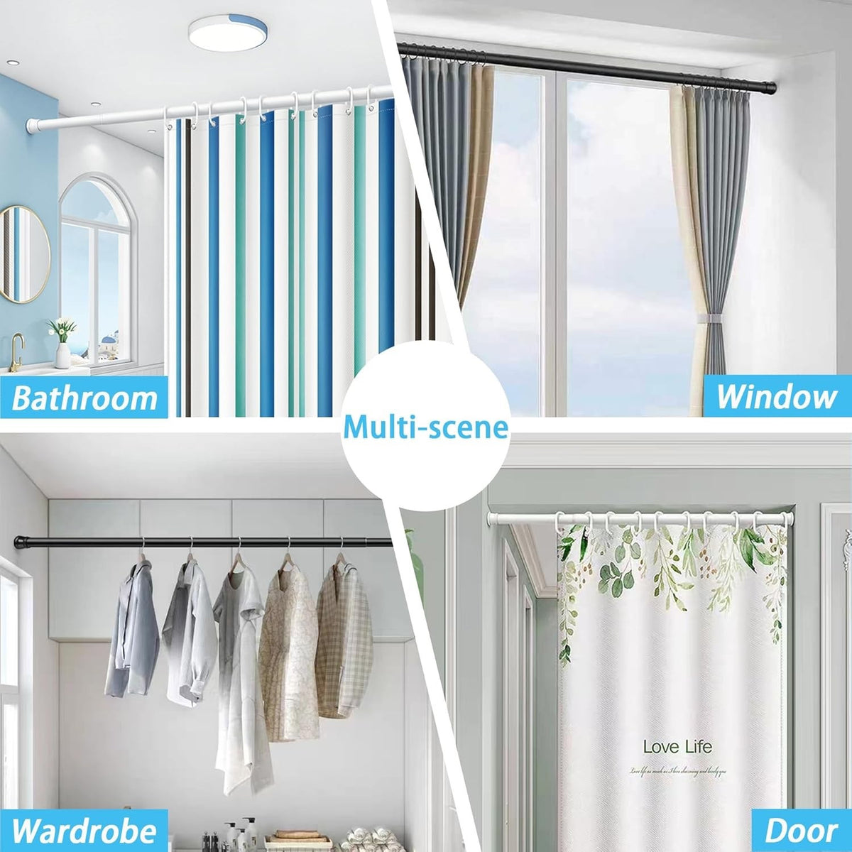 Tension Curtain Pole No Drill 115-410cm 32mm White Extra Long Shower Clothes