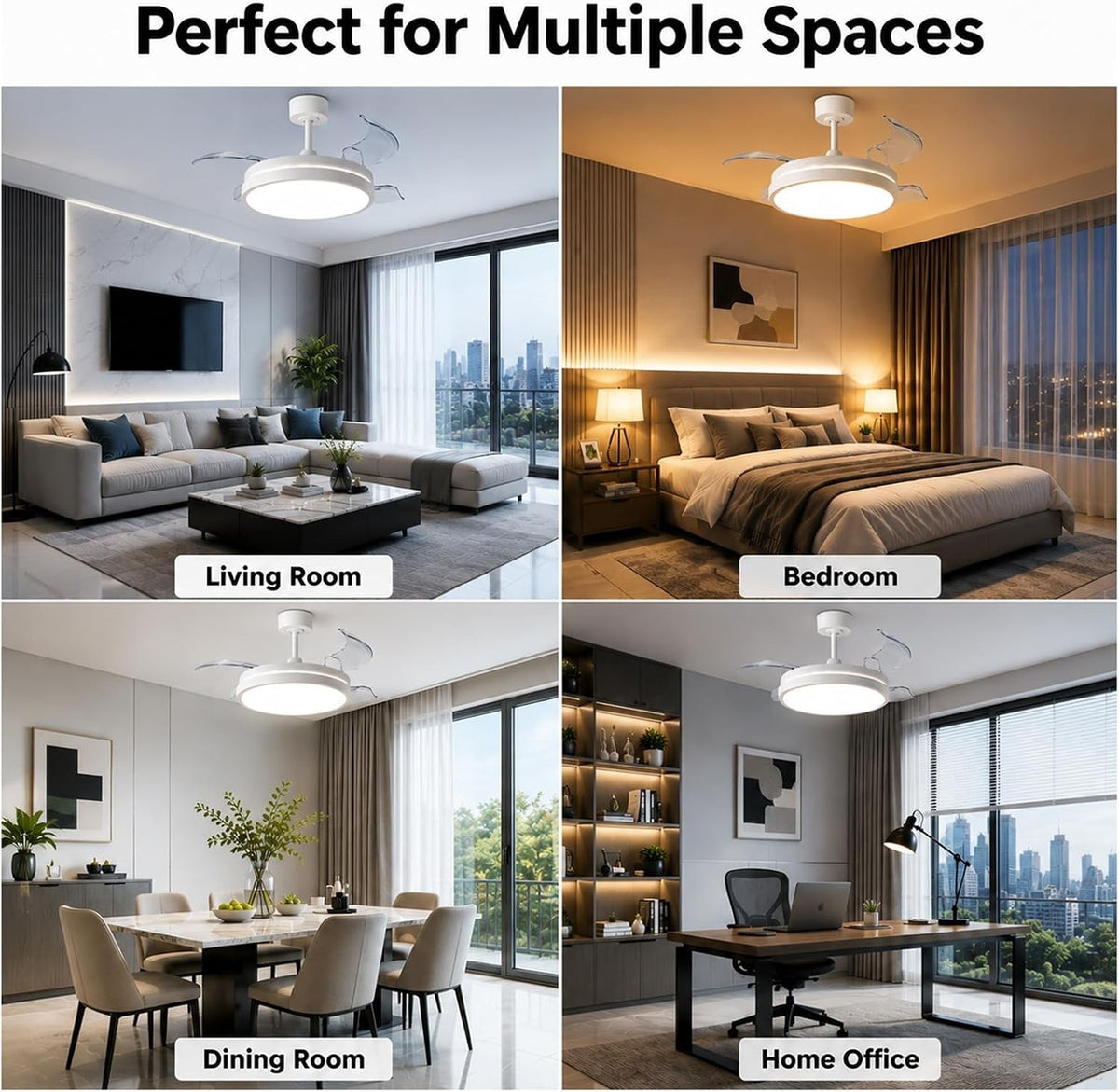 Ceiling Fan Light LED Remote Control 106cm Retractable Blades 6 Speed DC White
