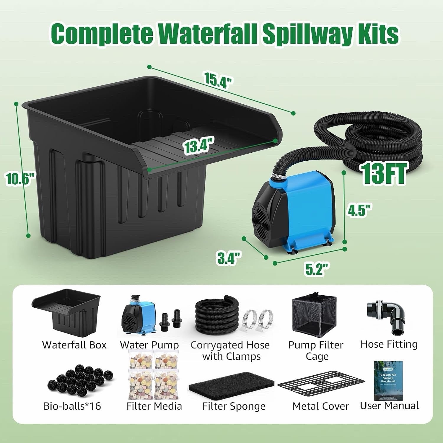 Pond Waterfall Filter Kit 980GPH Pump 13ft Hose 3000 Gallon Outdoor Garden Pond