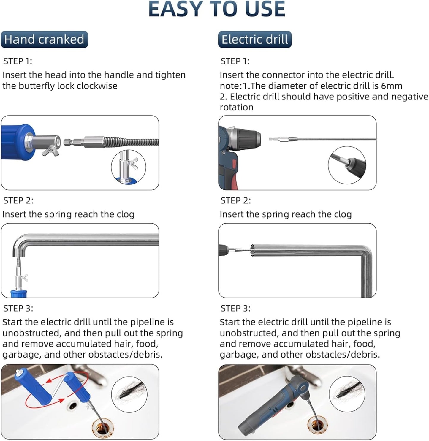Drain Unblocker Tools, Plumbing Snake with Electric Adapters-Manual Drain Auger