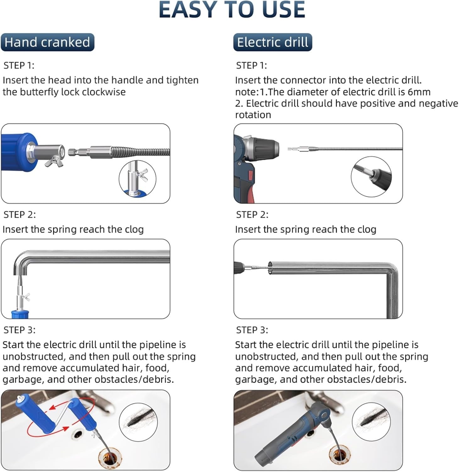 Drain Unblocker Tools, Plumbing Snake with Electric Adapters-Manual Drain Auger