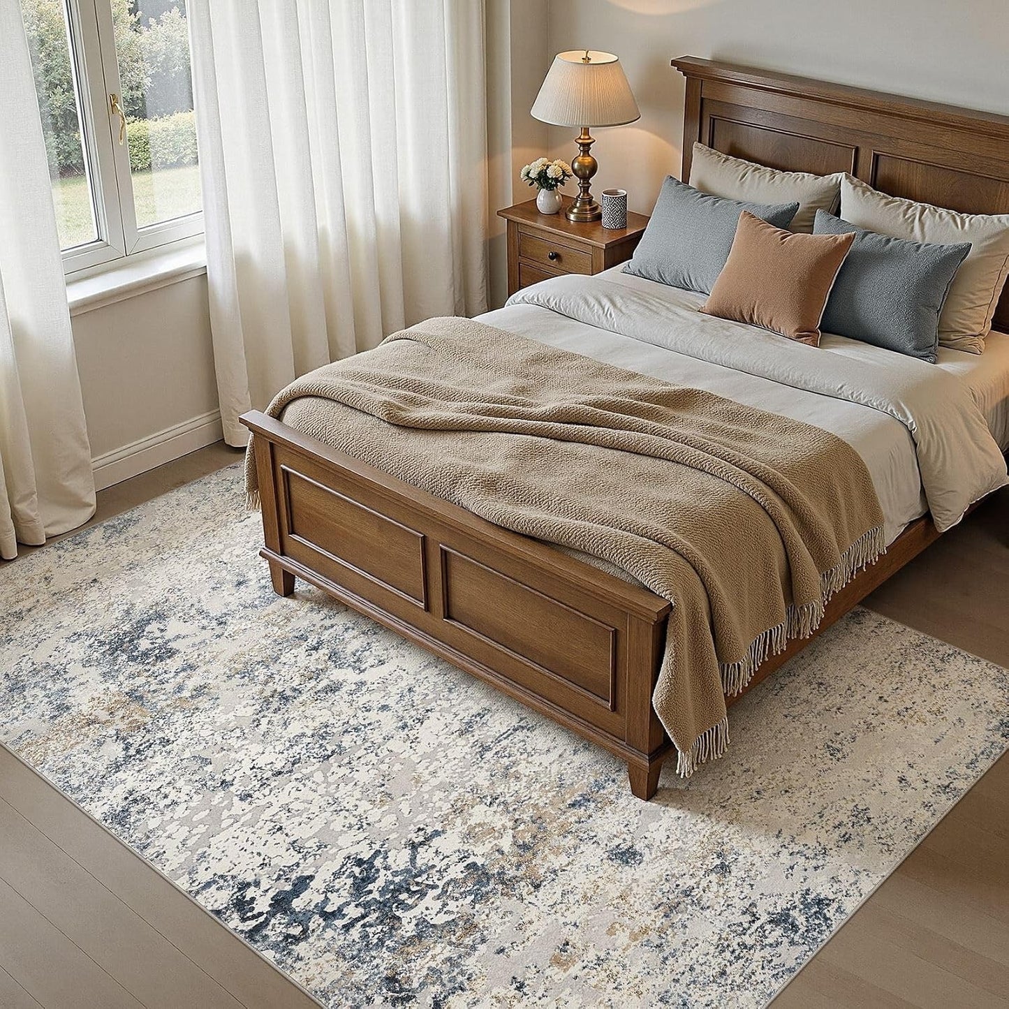 Area Rug Living Room 160x230cm Beige Blue Washable Abstract Soft Non Slip Carpet