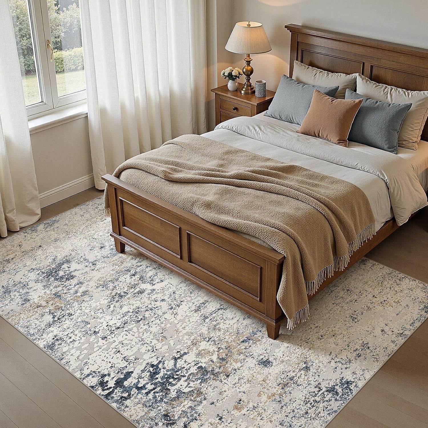 Area Rug Living Room 160x230cm Beige Blue Washable Abstract Soft Non Slip Carpet