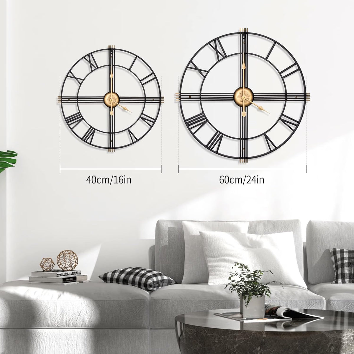 Wall Clock 16 Inch Oversized Silent Non Ticking Skeleton Analogue Black Decor