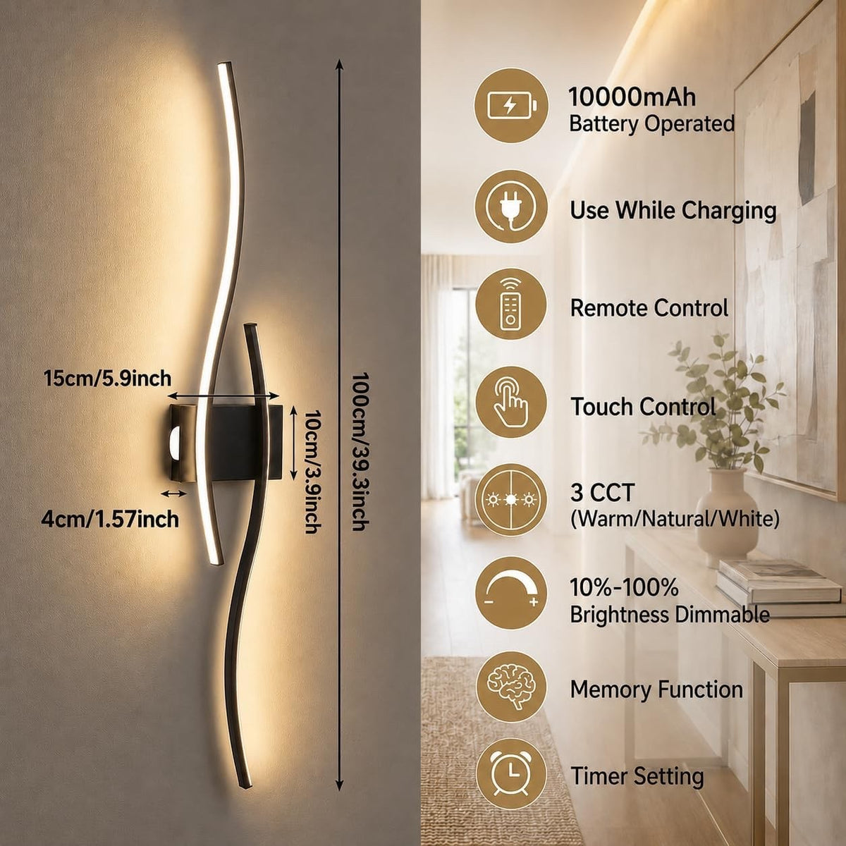Rechargeable Wall Lights Sconces Wireless 100cm Black 2 Pack Remote Dimmable