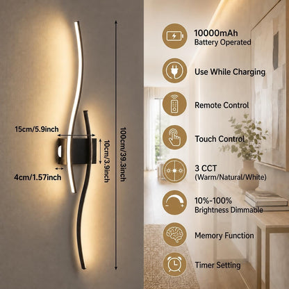 Rechargeable Wall Lights Sconces Wireless 100cm Black 2 Pack Remote Dimmable
