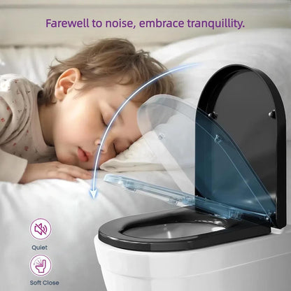 Black D Shape Toilet Seat Soft Close Quick Release Adjustable Hinges 46x36cm