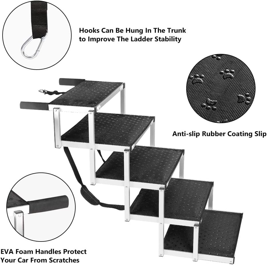 Dog Steps Car Stairs Ramp 5 Step Folding Aluminium Non Slip 80kg SUV Pet Portabl