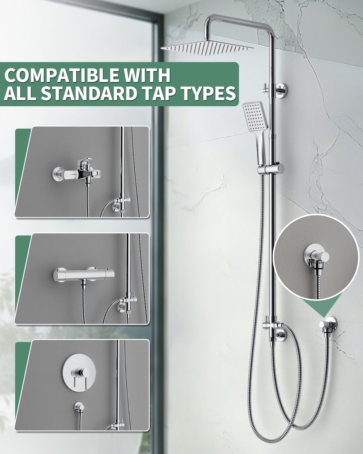 Rain Shower System 25x25cm Square Head Handset Adjustable Rail 75-110cm Chrome