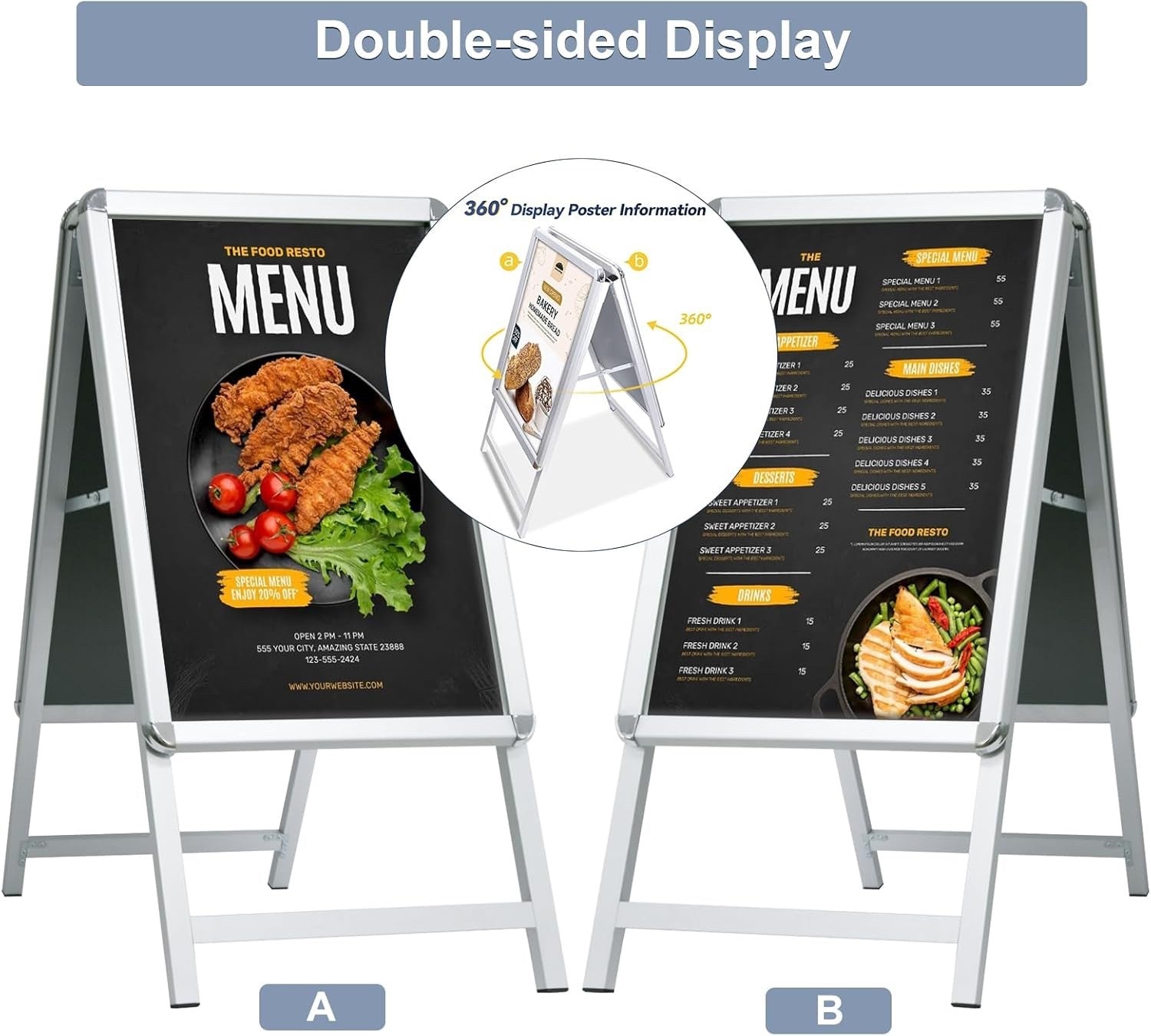 A2 Pavement Sign Frame Double Sided A-Board Poster Stand Silver Shop Display