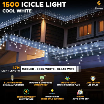 EcoNour Icicle Lights Outdoor Christmas Lights 1500 LED 47M Cool White