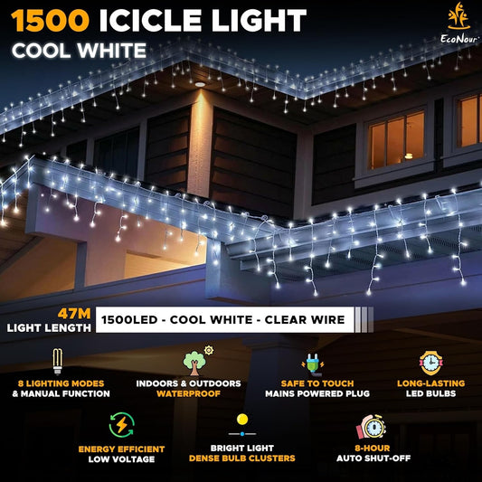 EcoNour Icicle Lights Outdoor Christmas Lights 1500 LED 47M Cool White