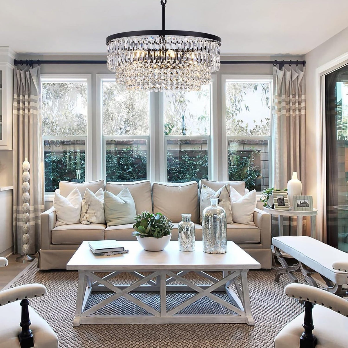 Crystal Chandelier Ceiling Light 6 Bulb Black 51cm Round Dining Room Pendant
