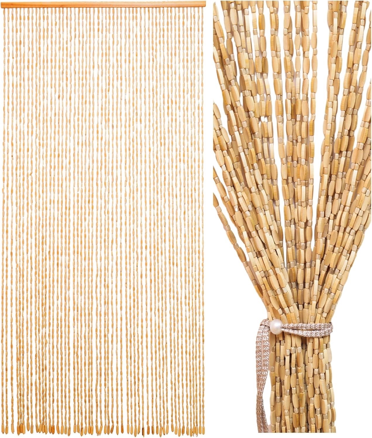 Bamboo Beaded Door Curtain 90x195cm 52 Strands Beige Wooden Fly Screen Doorway